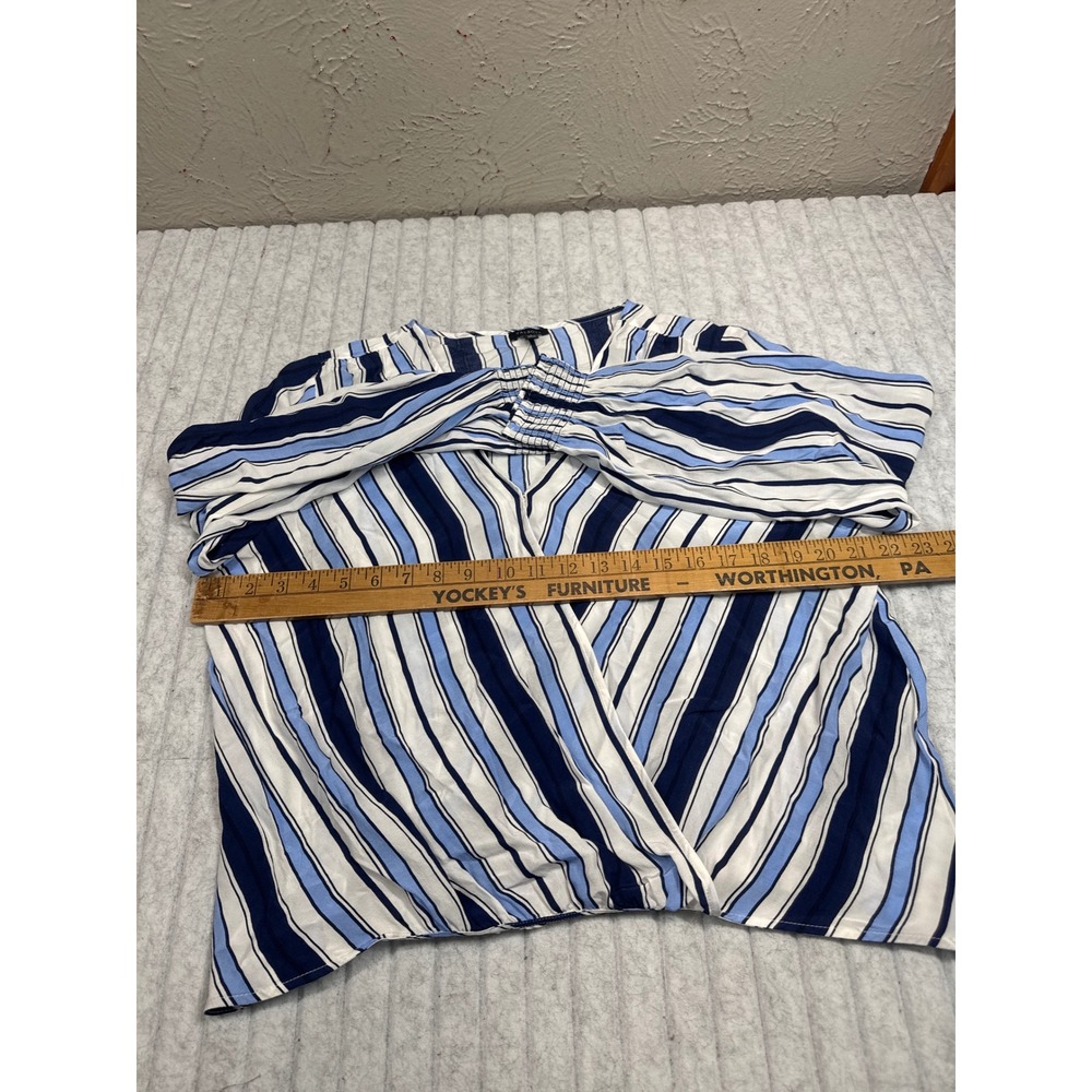 Talbots Blue White Striped Wrap Front Blouse Smocked Cuff Top Large NWT - Picture 4 of 6